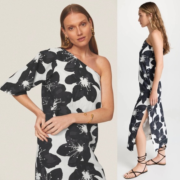 SOMETHING NAVY Floral Print Linen Cotton One Shoulder Puff Sleeve Column Gown L - Picture 8 of 13